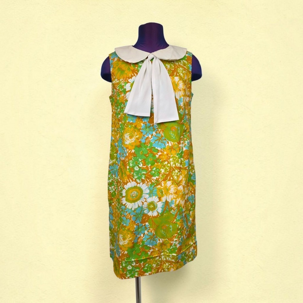 Vintage Fritzi of California Floral Shift Dress Mod Peter Pan Collar Bow 60s